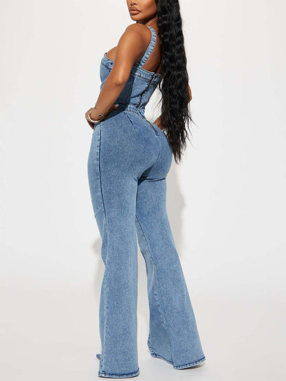 Sleeveless Flared Denim Jumpsuit - ECHOINE