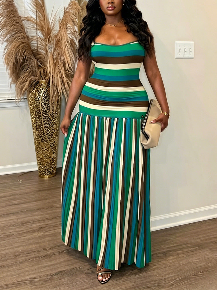 Striped Contrast Pleated Maxi Dress