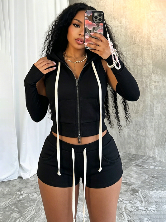 Active Hoodie Short Set with Arm Sleeves