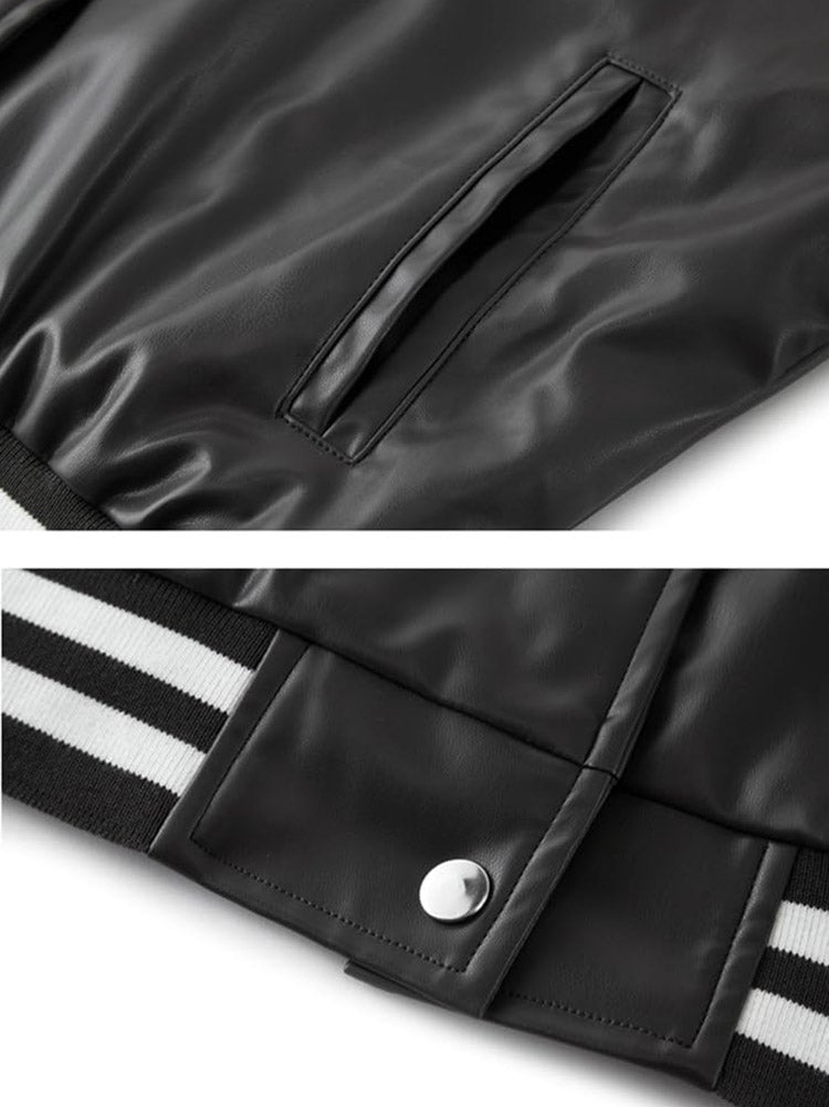 Faux Leather Crop Varsity Jacket - ECHOINE