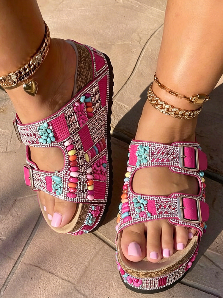 Boho Beaded Double Strap Platform Sandals