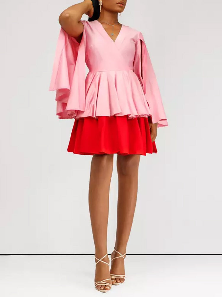 Colorblock Bell Sleeve Tiered Midi Dress - ECHOINE