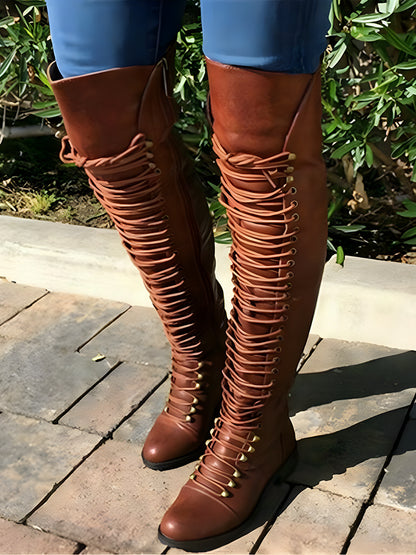 Lace Up Leather Over The Knee Boots - ECHOINE