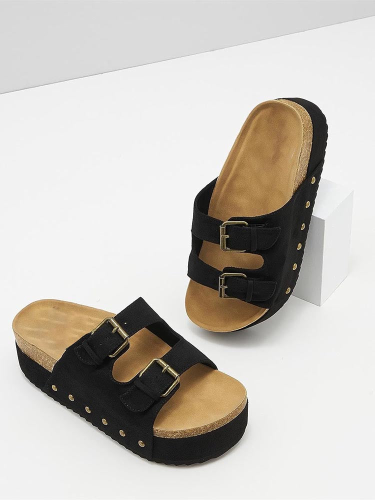 Double Buckle Strap Platform Sandals - ECHOINE