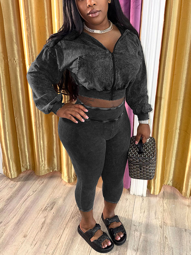 Acid Wash Cropped Jacket & Capri Leggings Set