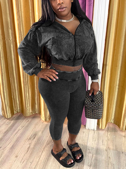 Acid Wash Cropped Jacket & Capri Leggings Set