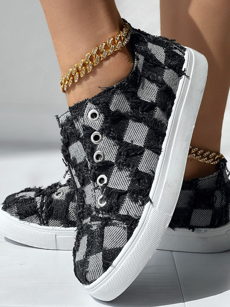 Checkerboard Raw Trim Denim Sneakers - ECHOINE
