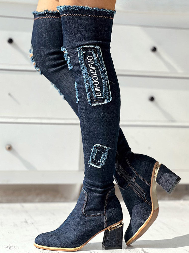 Ripped Over The Knee Denim Boots - ECHOINE