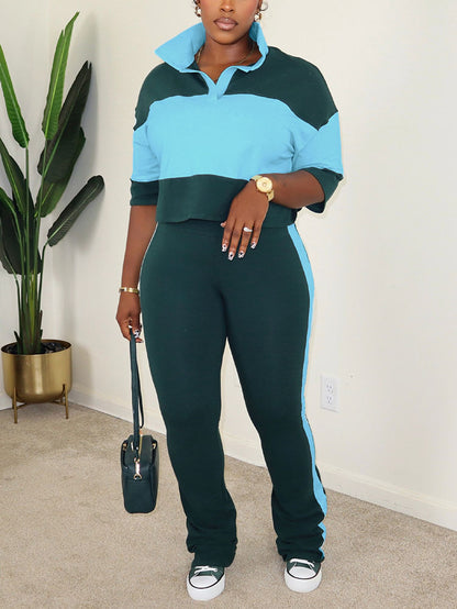 Colorblock Cropped Polo Top & Flare Leggings Set