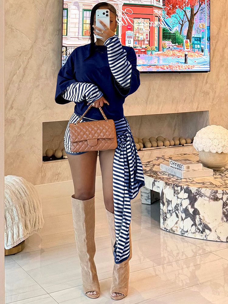Layered Striped Top & Side-Tie Shorts Set