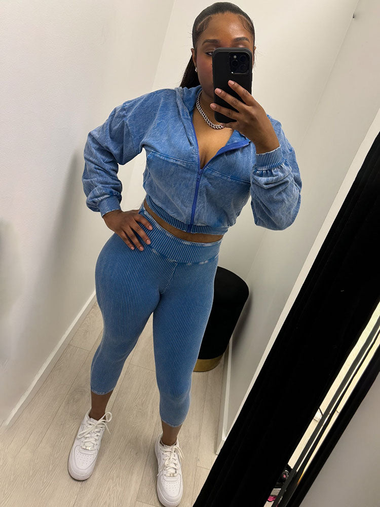 Acid Wash Cropped Jacket & Capri Leggings Set