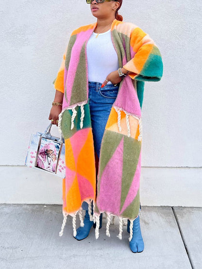 Colorblock Knit Fringe Cardigan