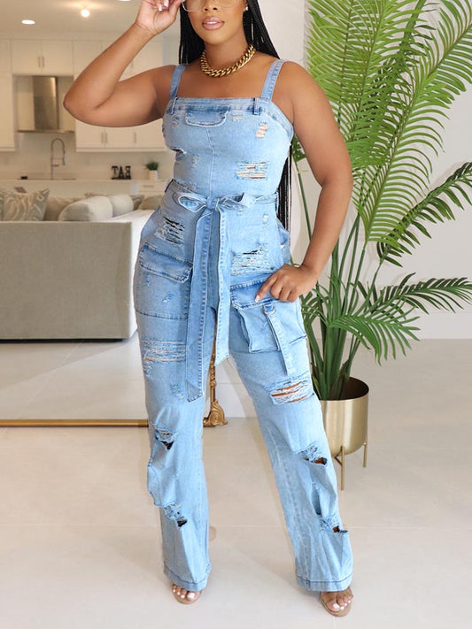 Ripped Cargo Denim Jumpsuit - ECHOINE