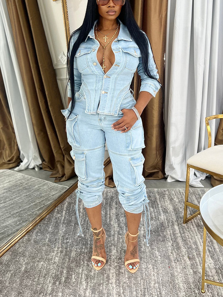 Denim Asymmetrical Jacket & Cargo Jeans Set