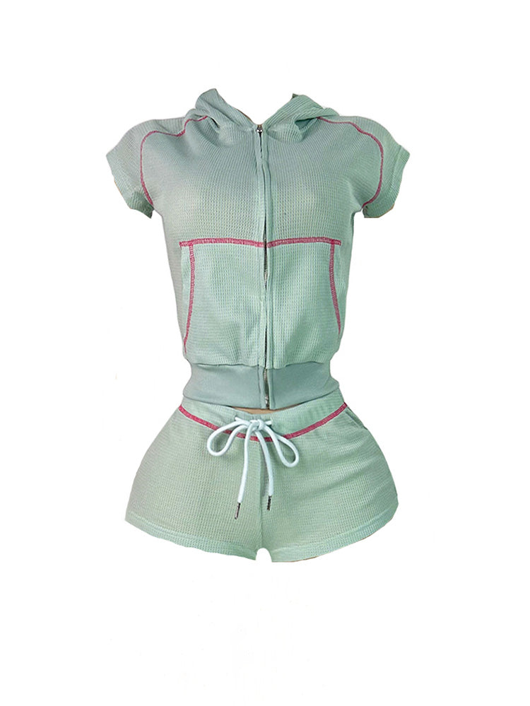 Waffle-Knit Hoodie & Short Set