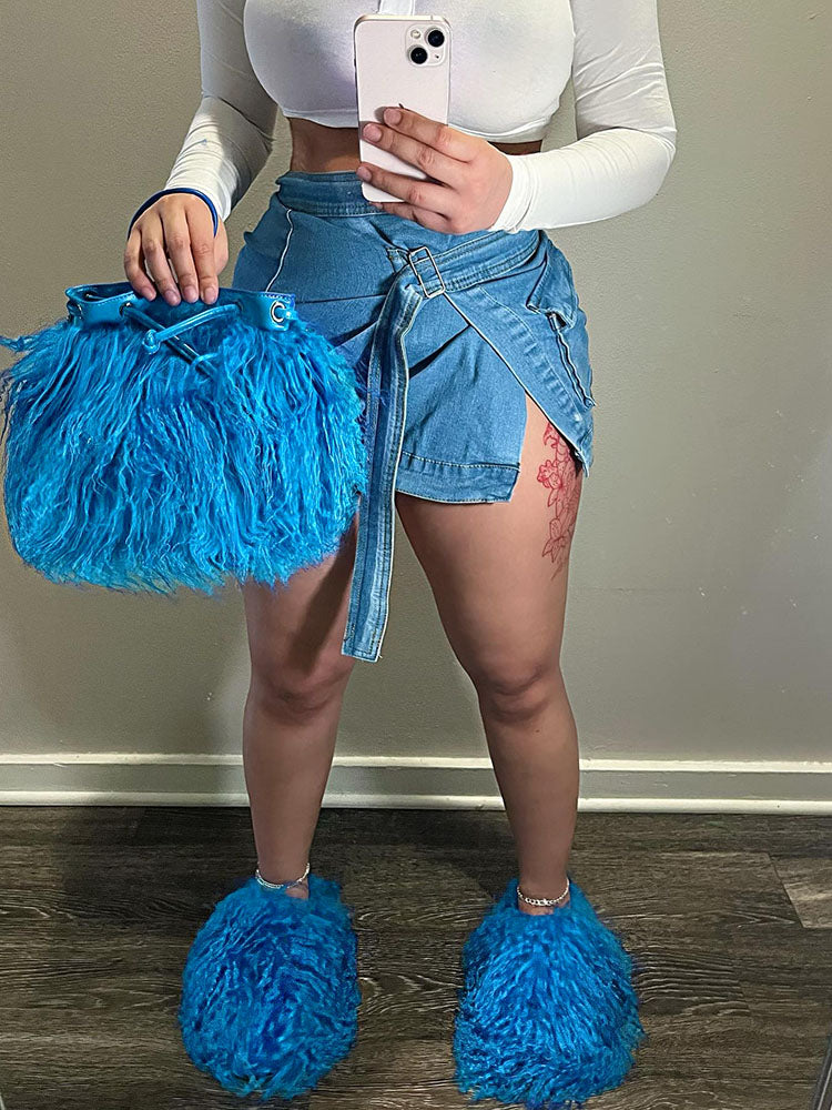 Ensemble sac et claquettes en fourrure moelleuse