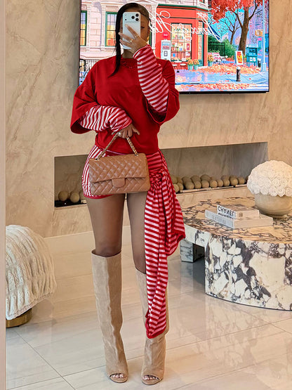 Layered Striped Top & Side-Tie Shorts Set