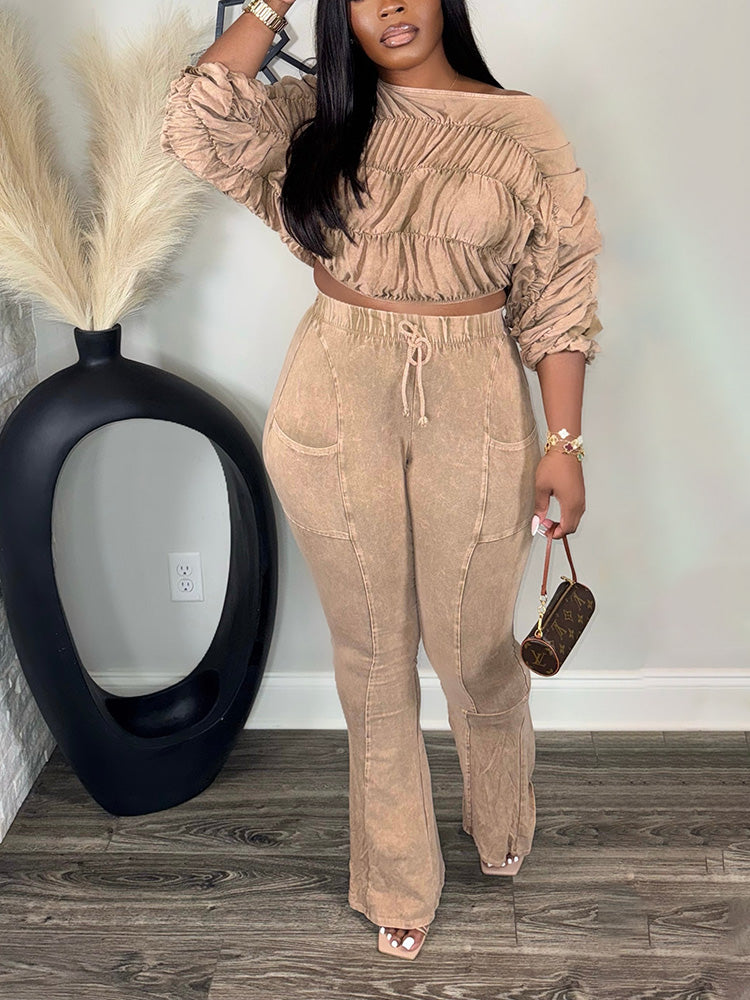 Washed Ruched Top & Flared Pants Set
