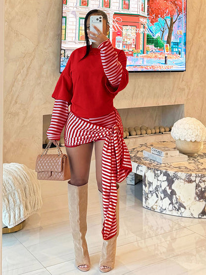 Layered Striped Top & Side-Tie Shorts Set