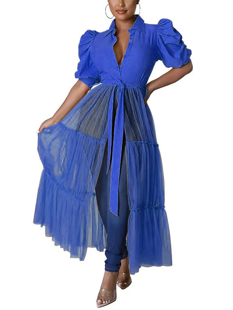 Puff Sleeve Belted Tulle Top