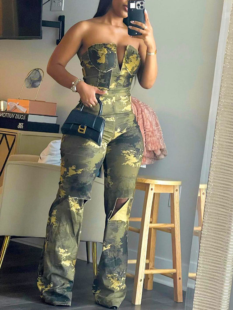 Ripped Strapless Camo Jumpsuit - ECHOINE