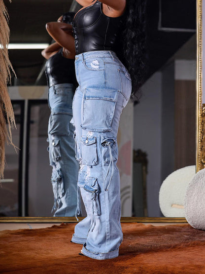 Denim Ripped Cargo Pocket Jeans