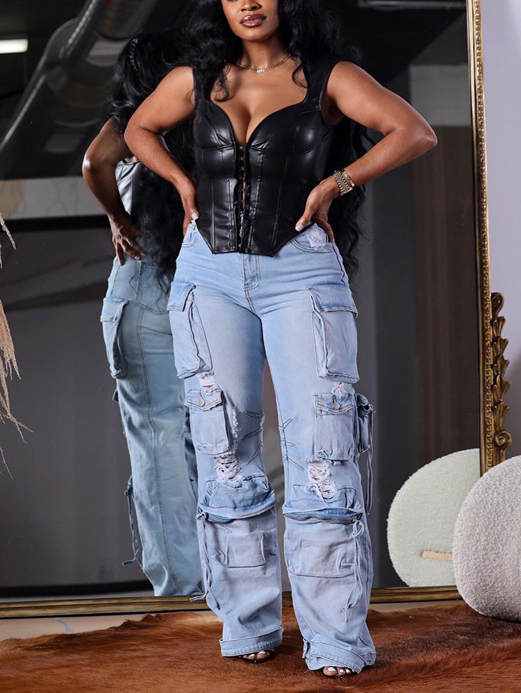 Denim Ripped Cargo Pocket Jeans