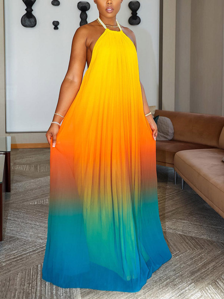 Ombre Pleated Backless Maxi Dress - ECHOINE