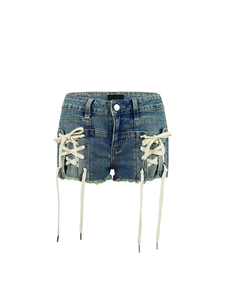 Lace Up Denim Shorts