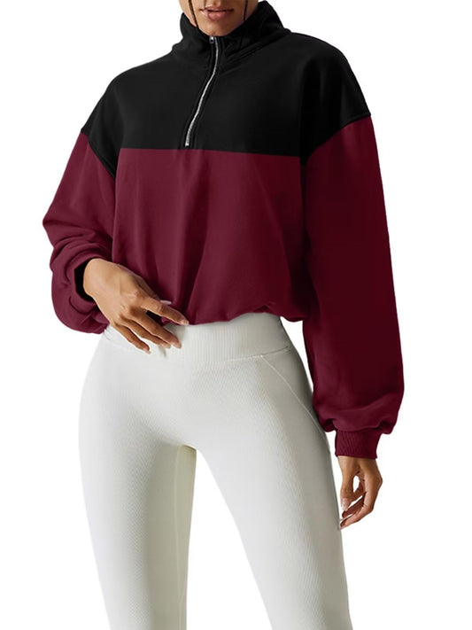 Half Zip Colorblock Crop Sweatshirt