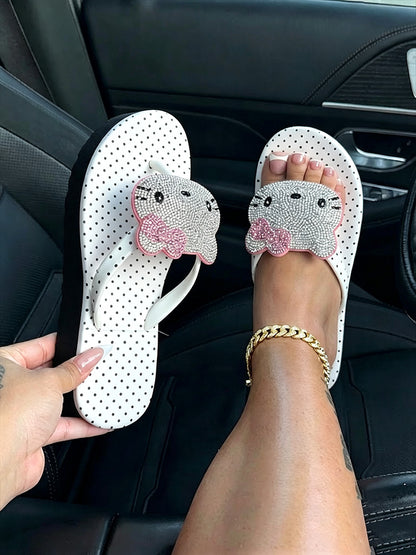 Polka Dot Rhinestone Platform Flip Flops