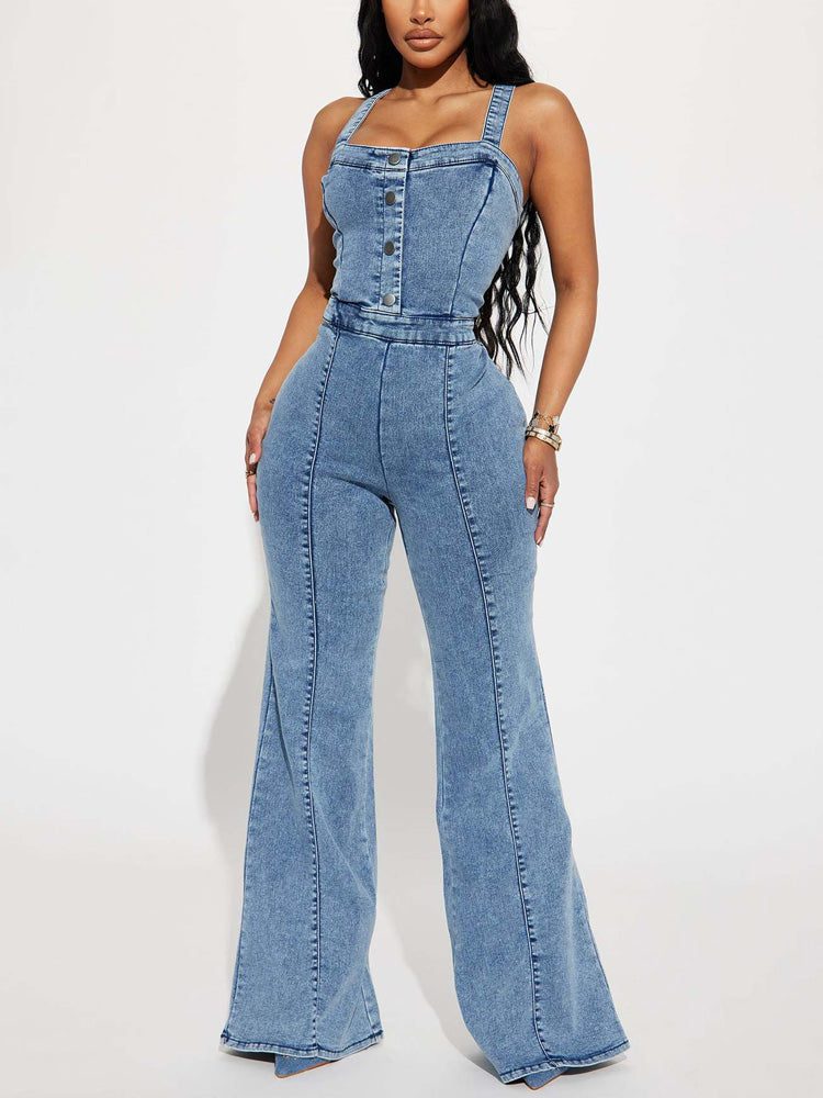 Sleeveless Flared Denim Jumpsuit - ECHOINE