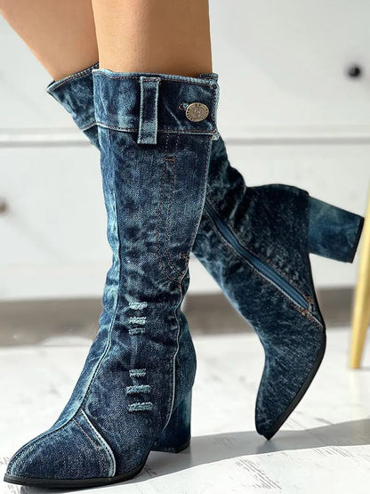 Chunky Heel Denim Boots - ECHOINE