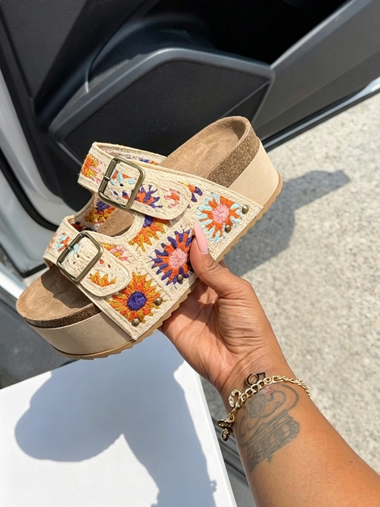 Crochet Strap Cork Platform Sandals