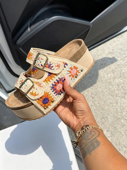 Crochet Strap Cork Platform Sandals