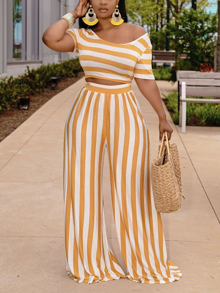 Striped Crop Top Wide Leg Pants Sets - ECHOINE