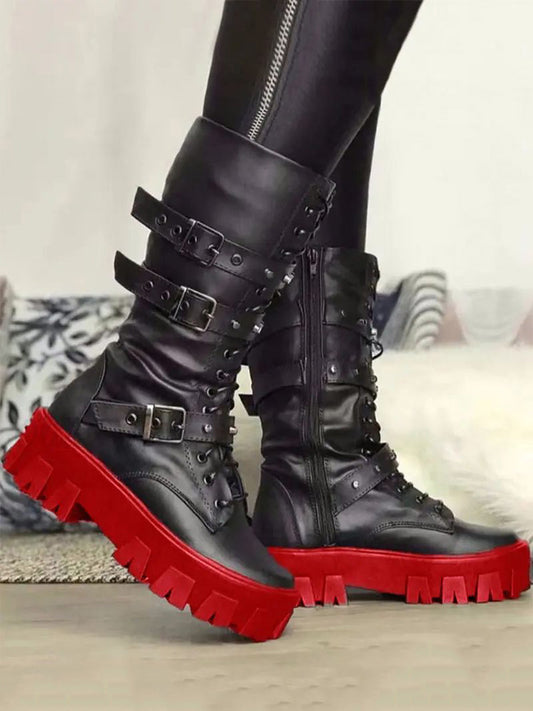 Eyelet Buckled Zipper Platform Boots - ECHOINE