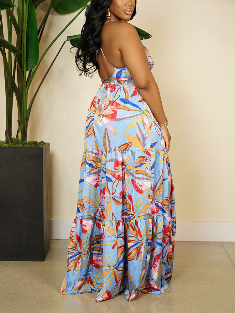 Printed Cross Strap Maxi Dress - ECHOINE