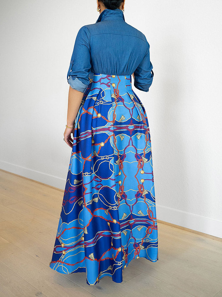 Denim Contrast Print Dress - ECHOINE