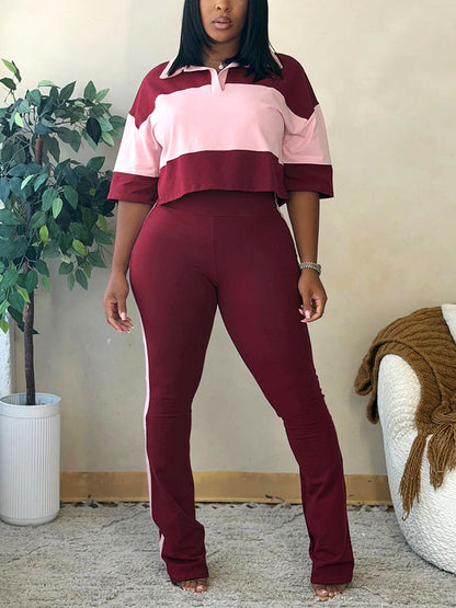 Colorblock Cropped Polo Top & Flare Leggings Set