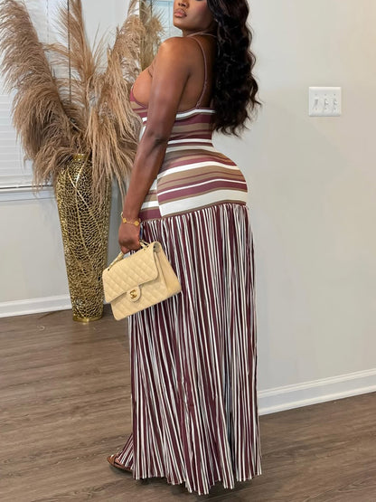 Striped Contrast Pleated Maxi Dress