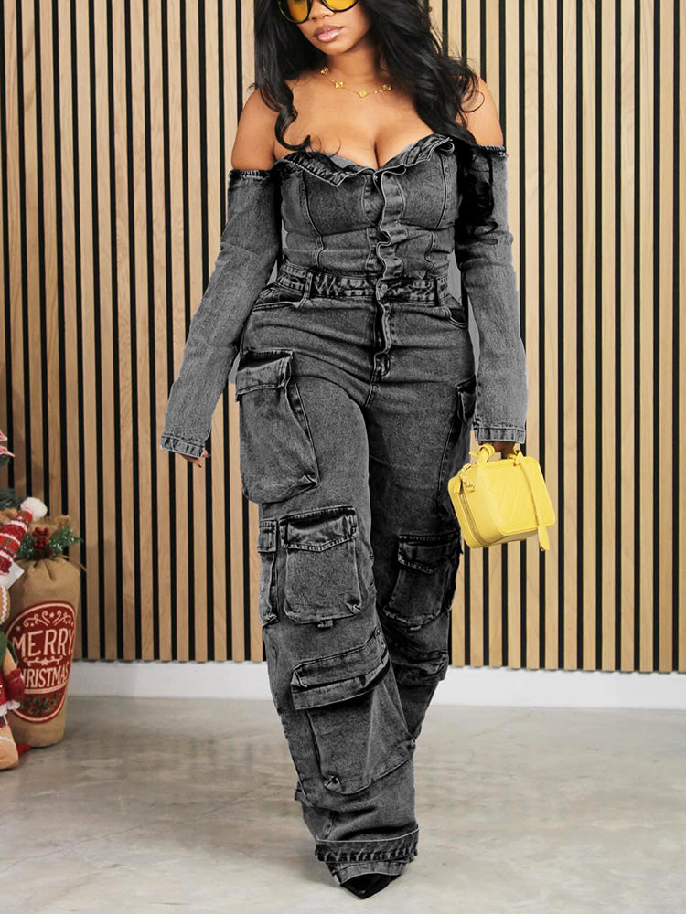 Off Shoulder Denim Cargo Jumpsuit