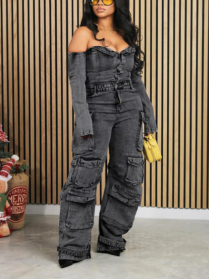 Off Shoulder Denim Cargo Jumpsuit