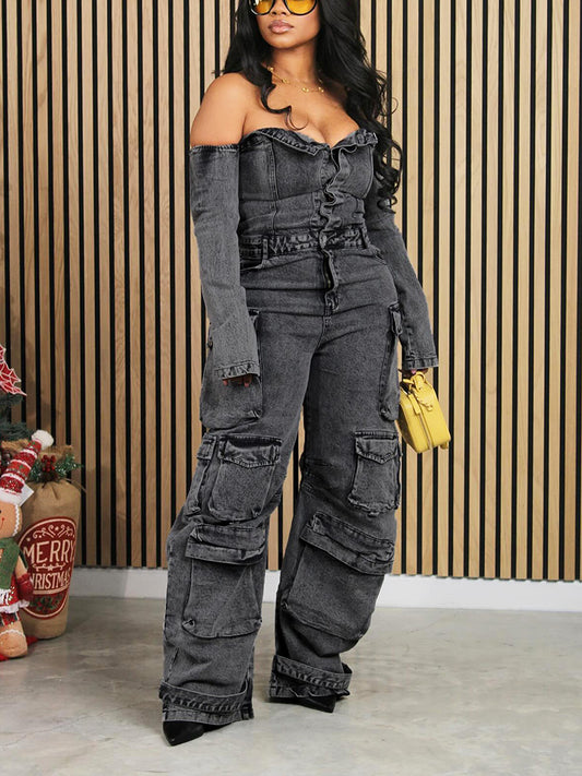 Off Shoulder Denim Cargo Jumpsuit