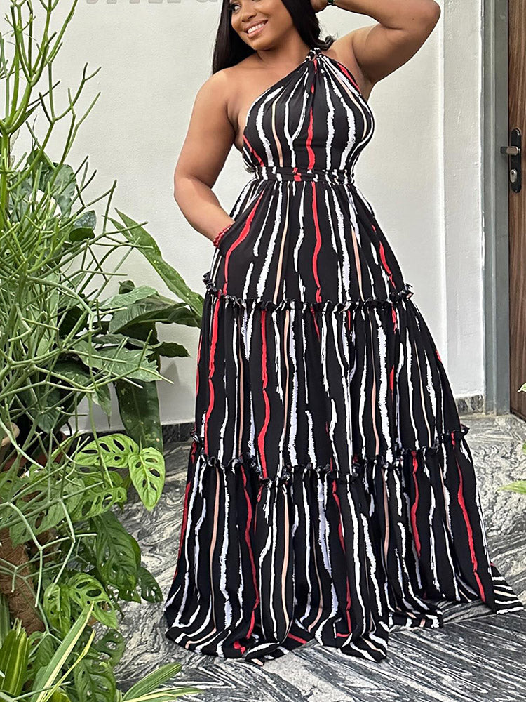 One Shoulder Striped Maxi Dress