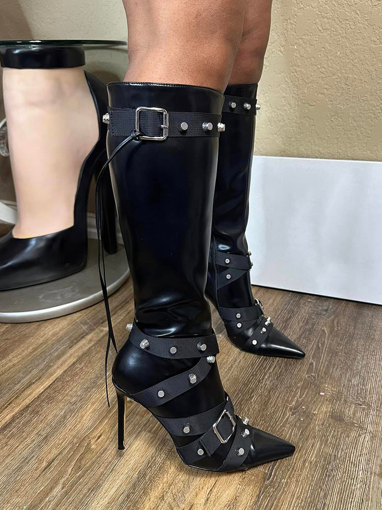 Studded Buckled Strap Leather Boots