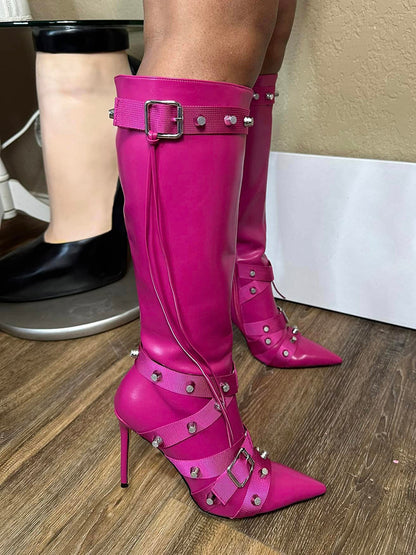 Studded Buckled Strap Leather Boots