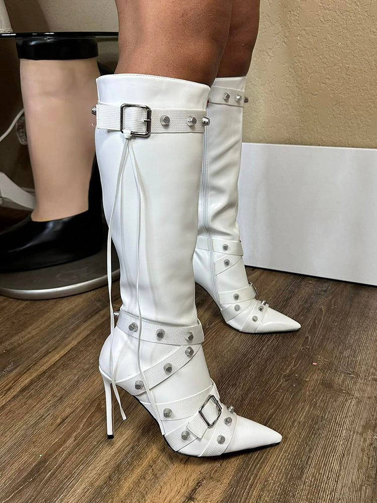 Studded Buckled Strap Leather Boots