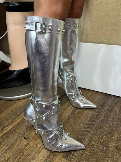 Studded Buckled Strap Leather Boots