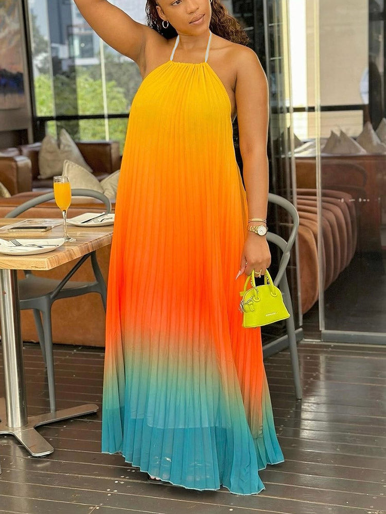 Ombre Pleated Backless Maxi Dress - ECHOINE